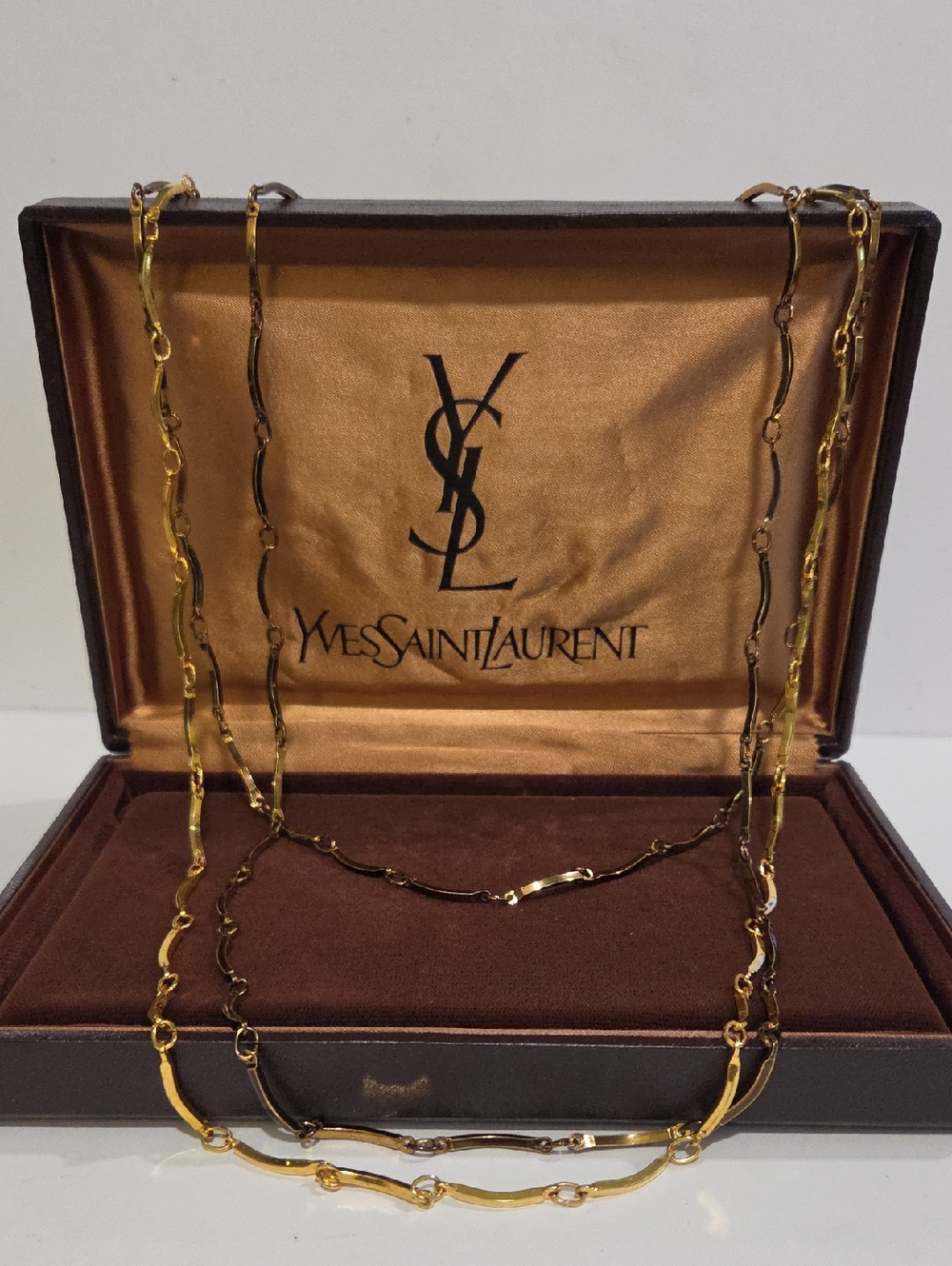 Yves Saint Laurent Gold Two-Tone 3 Strand Scalloped Chain Necklace W/YSL Box